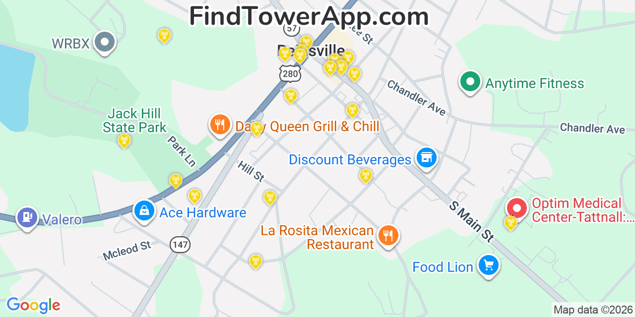 Map showing the 20 primary cell tower locations detected in Reidsville, Georgia from AT&T, Verizon, and T-Mobile networks