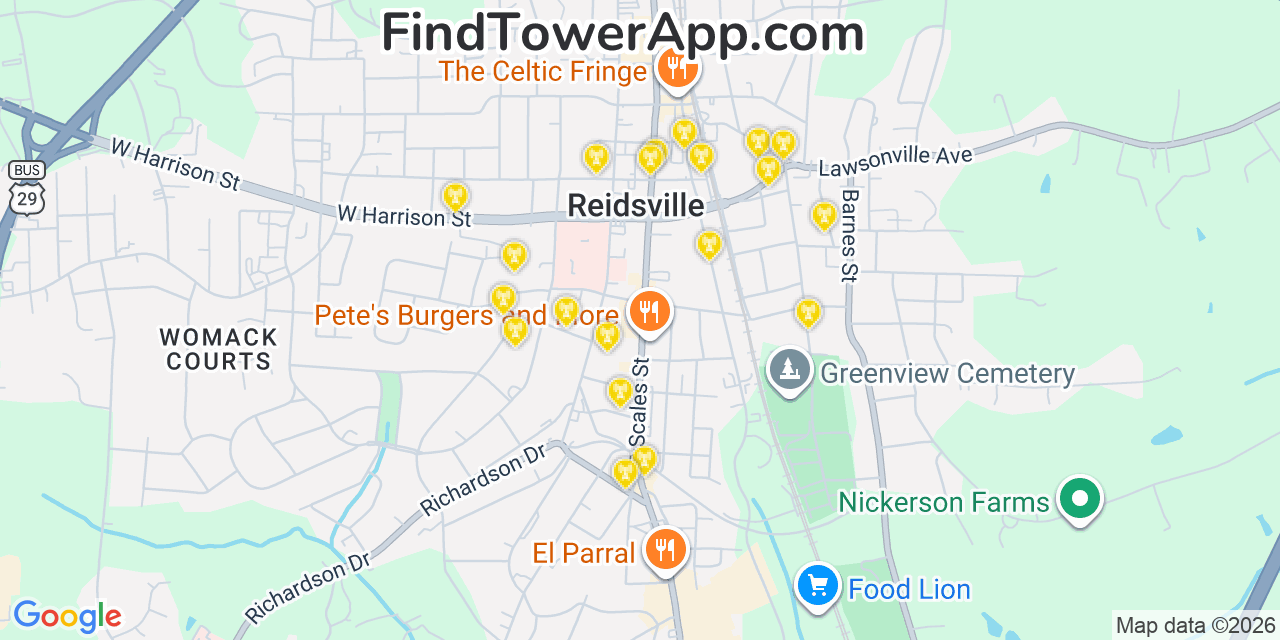 Map showing the 20 primary cell tower locations detected in Reidsville, North Carolina from AT&T, Verizon, and T-Mobile networks