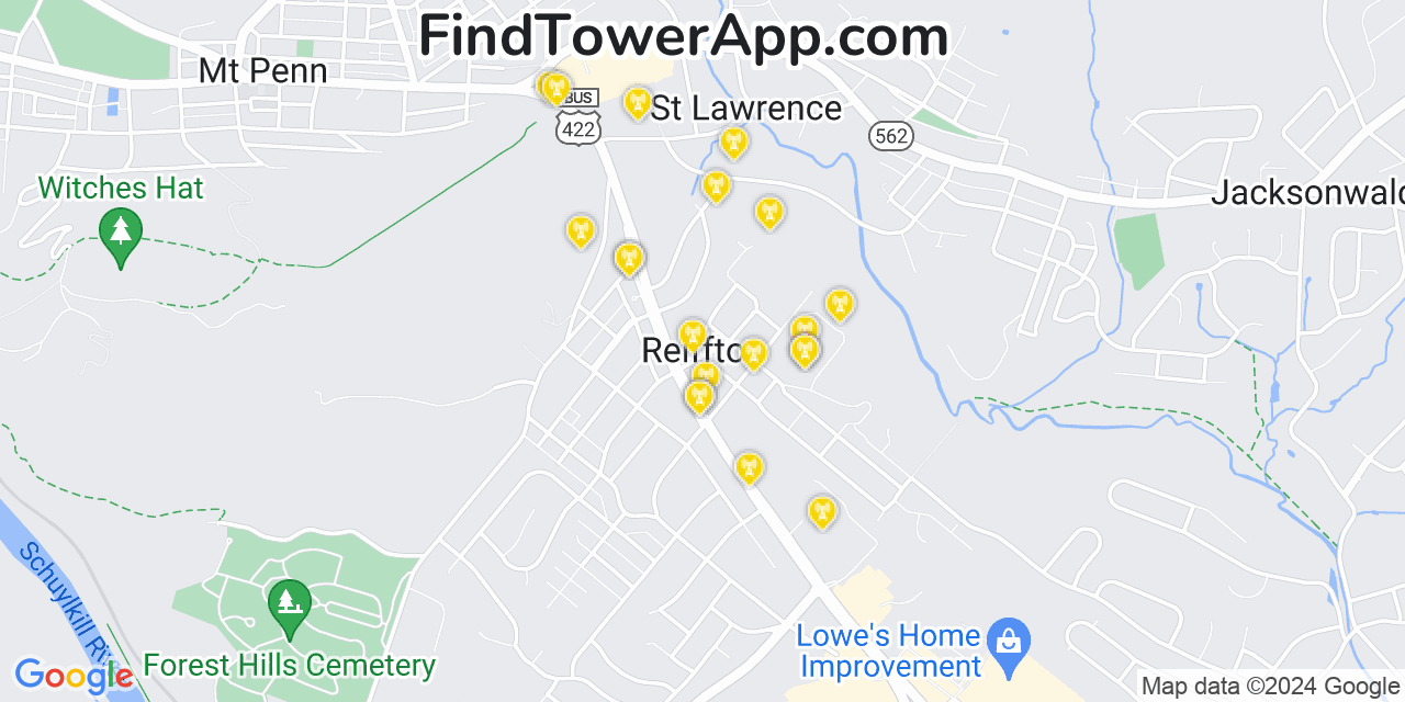 AT&T 4G/5G cell tower coverage map Reiffton, Pennsylvania