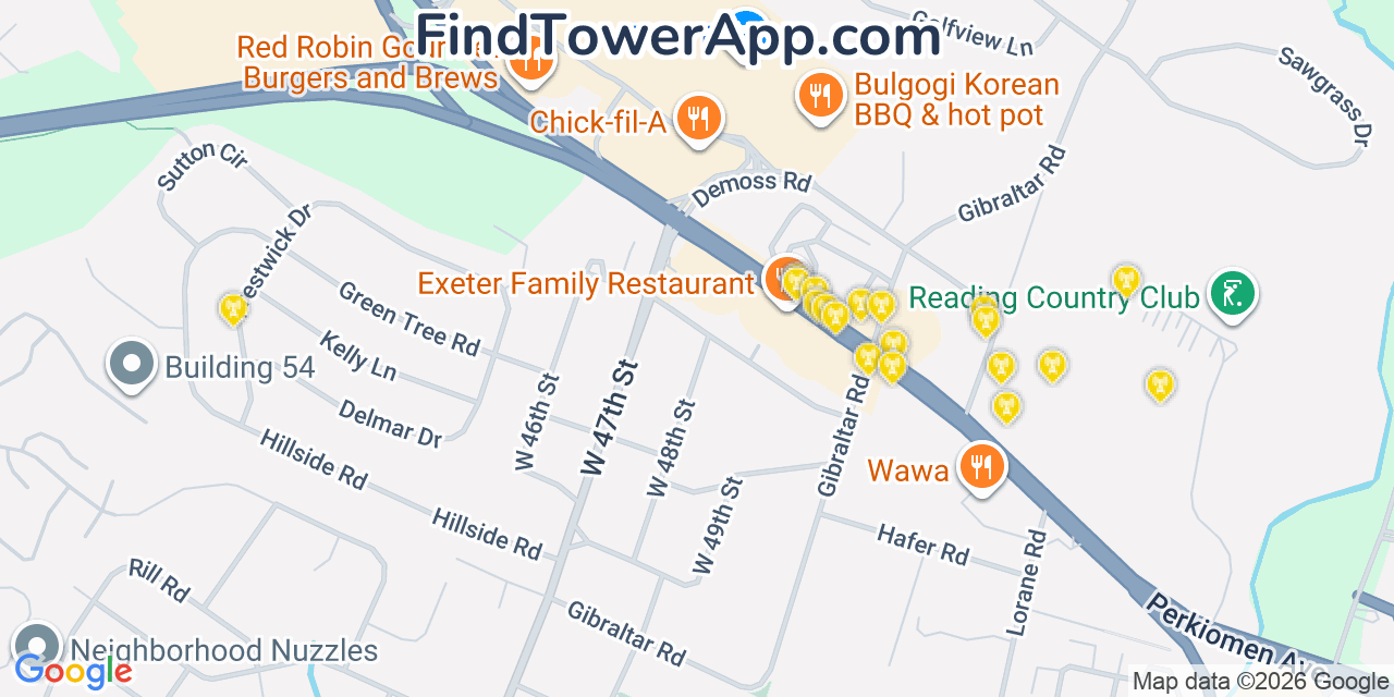 Map showing the 20 primary cell tower locations detected in Reiffton, Pennsylvania from AT&T, Verizon, and T-Mobile networks