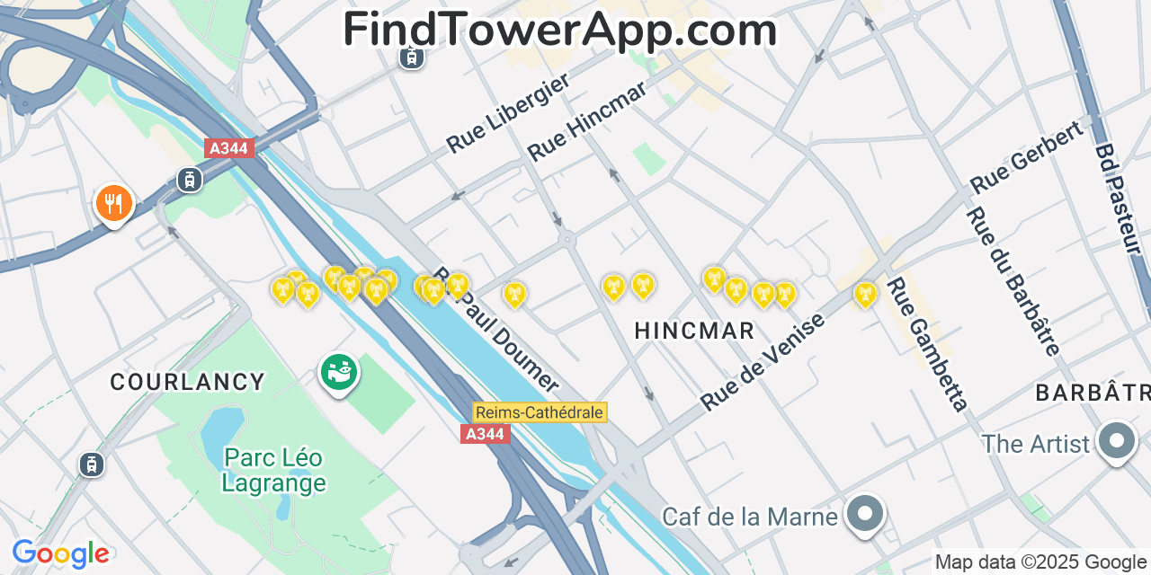 Map showing the 20 primary cell tower locations detected in Reims, France with coverage areas and signal strength