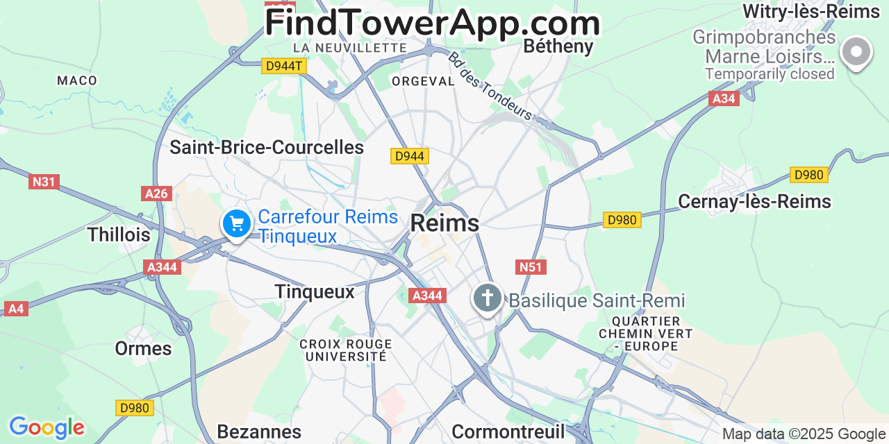 Map showing the 0 primary SFR cell tower locations detected in Reims, France with coverage radius and signal strength indicators
