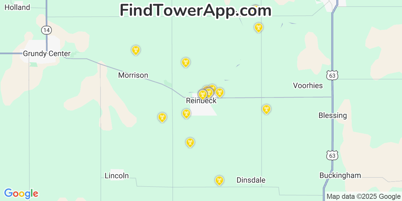 Map showing the 20 primary cell tower locations detected in Reinbeck, Iowa from AT&T, Verizon, and T-Mobile networks
