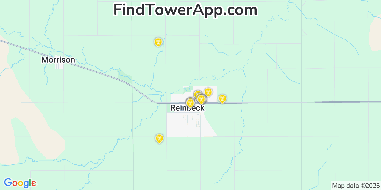 Map showing the 20 primary cell tower locations detected in Reinbeck, Iowa from AT&T, Verizon, and T-Mobile networks