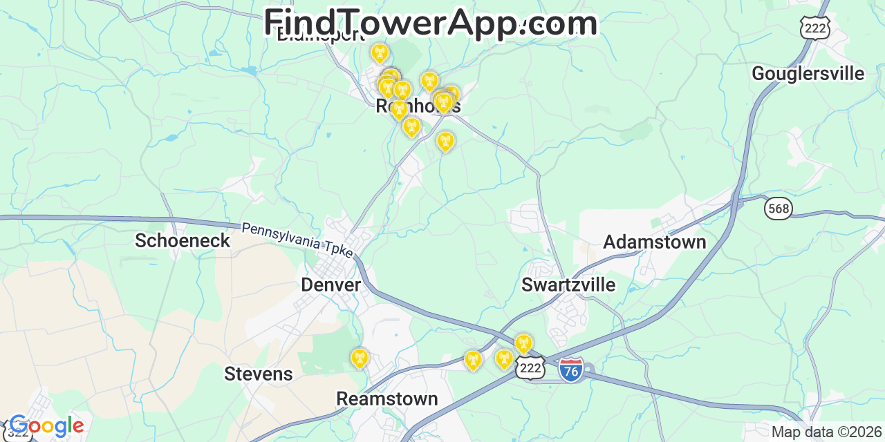 Map showing the 20 primary cell tower locations detected in Reinholds, Pennsylvania from AT&T, Verizon, and T-Mobile networks