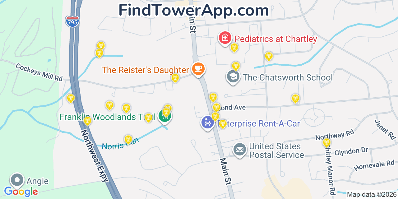 Map showing the 20 primary cell tower locations detected in Reisterstown, Maryland from AT&T, Verizon, and T-Mobile networks