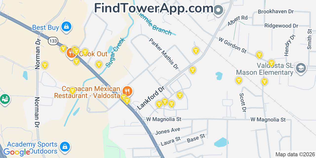 Map showing the 20 primary cell tower locations detected in Remerton, Georgia from AT&T, Verizon, and T-Mobile networks