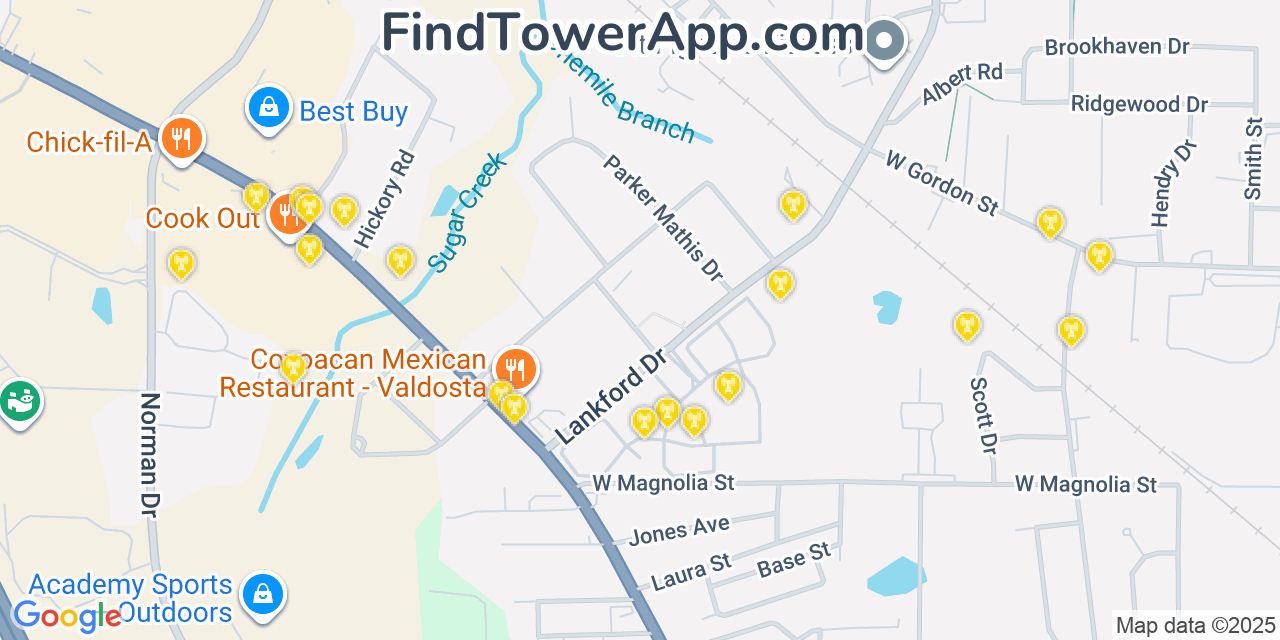 Map showing the 20 primary Mobitel cell tower locations detected in Remerton, Georgia with coverage radius and signal strength indicators