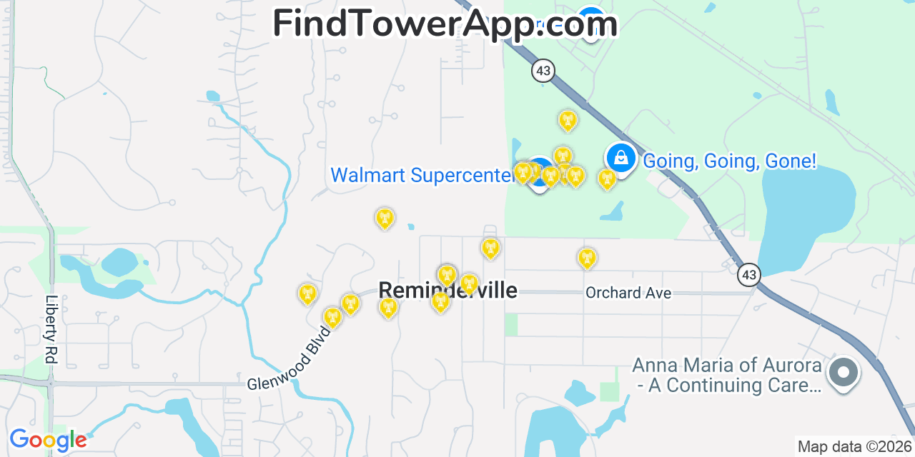 Map showing the 20 primary cell tower locations detected in Reminderville, Ohio from AT&T, Verizon, and T-Mobile networks
