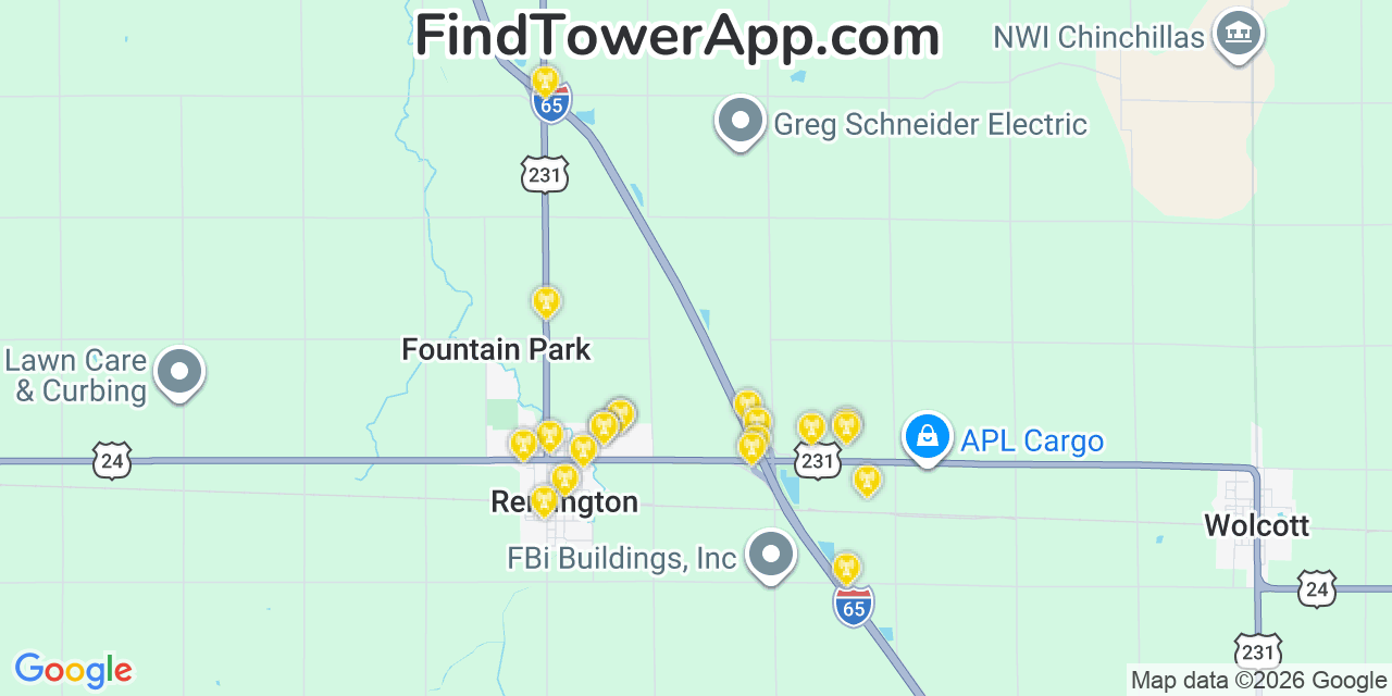 Map showing the 20 primary cell tower locations detected in Remington, Indiana from AT&T, Verizon, and T-Mobile networks