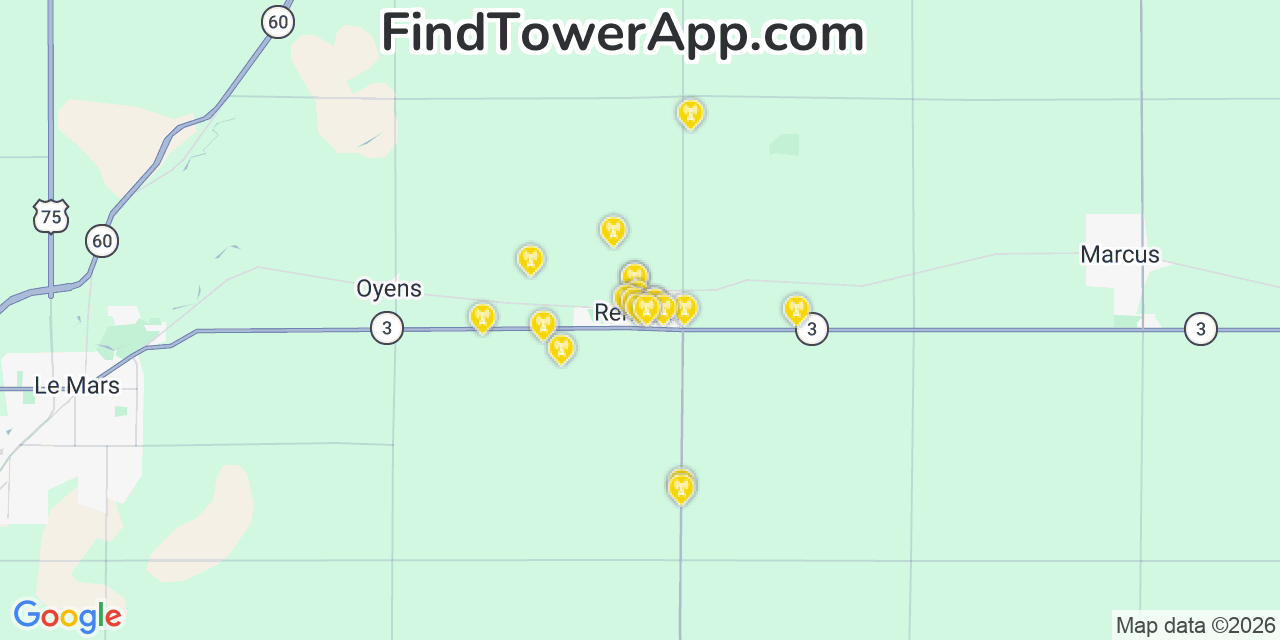 Map showing the 20 primary cell tower locations detected in Remsen, Iowa from AT&T, Verizon, and T-Mobile networks