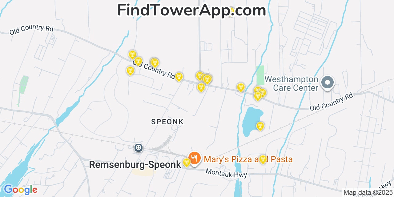 Map showing the 20 primary cell tower locations detected in Remsenburg-Speonk, New York from AT&T, Verizon, and T-Mobile networks