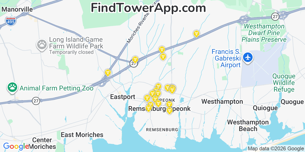 Map showing the 20 primary cell tower locations detected in Remsenburg Speonk, New York from AT&T, Verizon, and T-Mobile networks