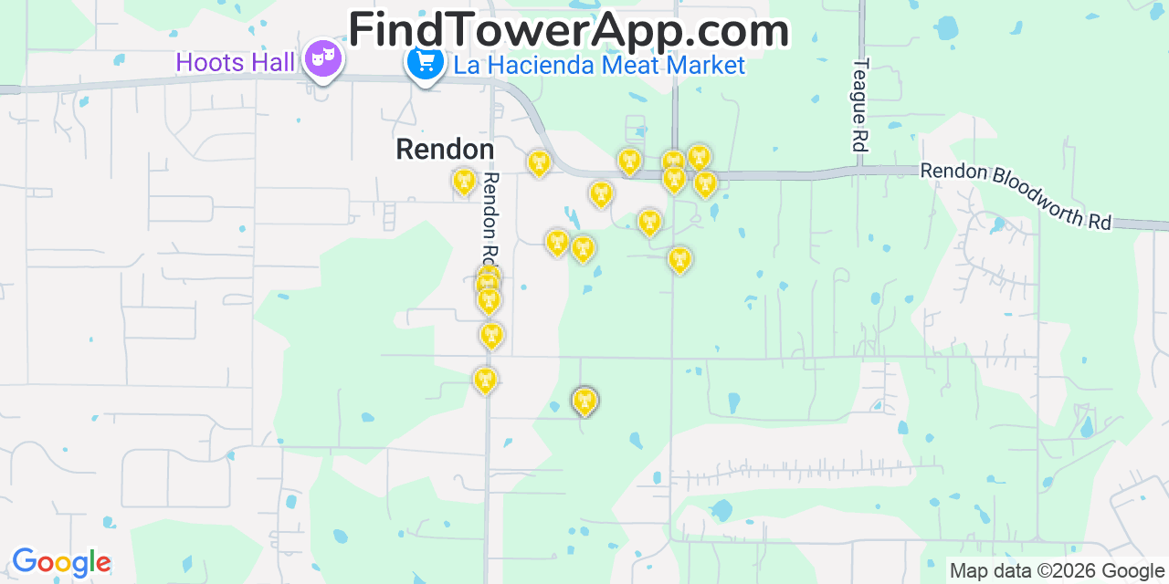Map showing the 20 primary cell tower locations detected in Rendon, Texas from AT&T, Verizon, and T-Mobile networks