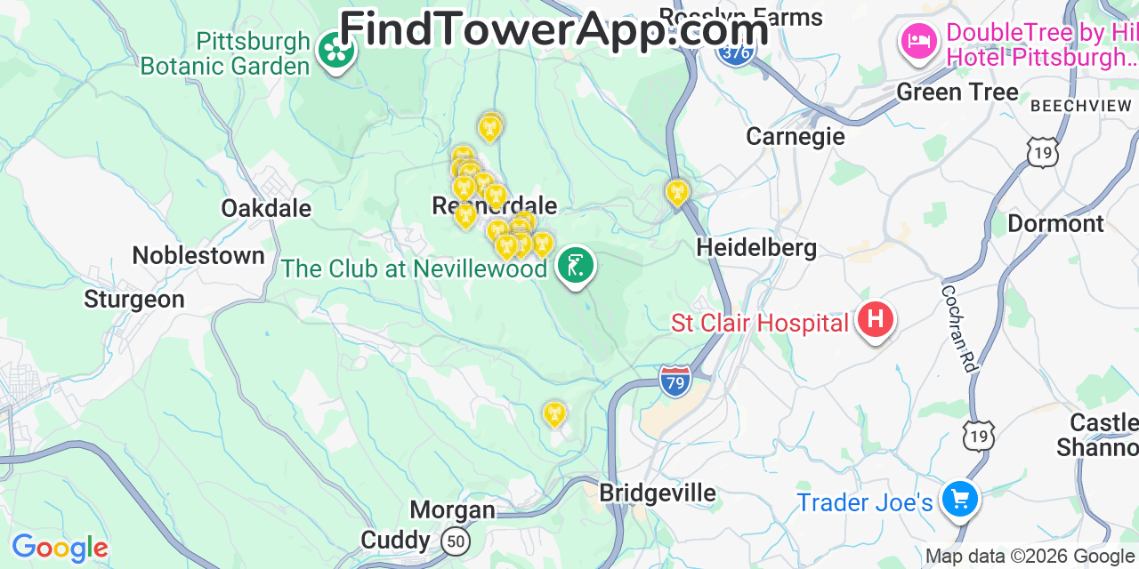Map showing the 20 primary cell tower locations detected in Rennerdale, Pennsylvania from AT&T, Verizon, and T-Mobile networks