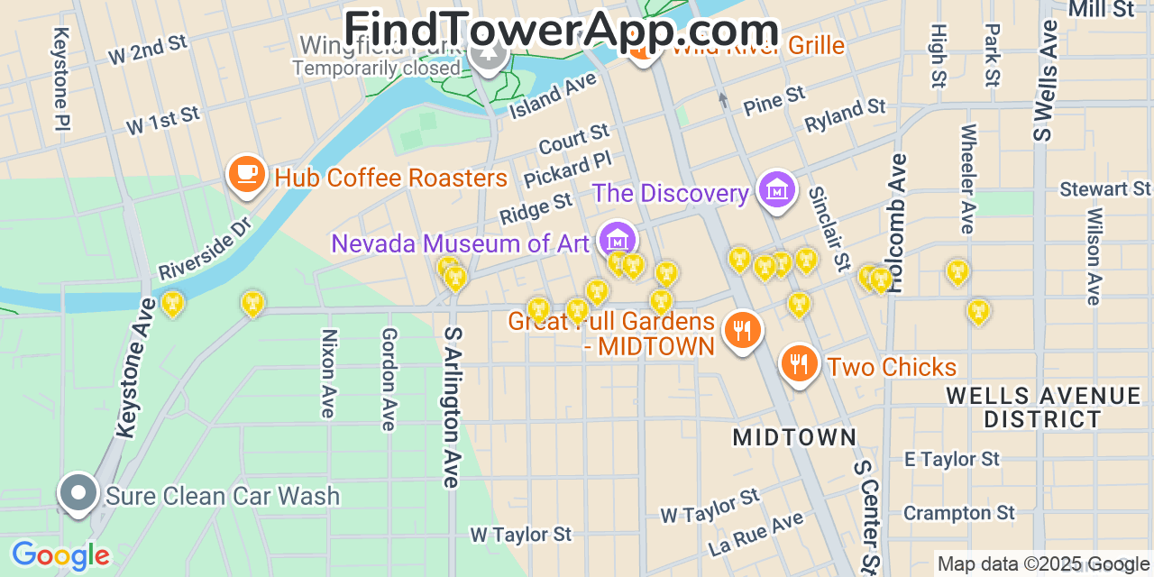 Map showing the 20 primary cell tower locations detected in Reno, Nevada from AT&T, Verizon, and T-Mobile networks