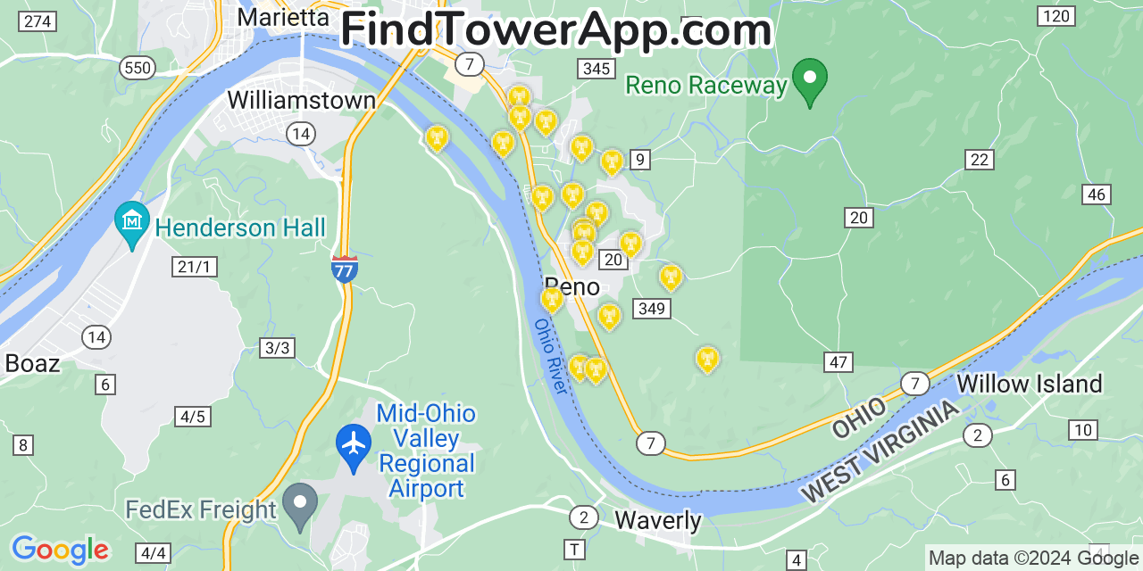 AT&T 4G/5G cell tower coverage map Reno, Ohio