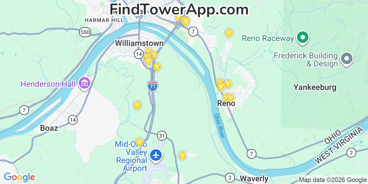 Map showing the 20 primary cell tower locations detected in Reno, Ohio from AT&T, Verizon, and T-Mobile networks