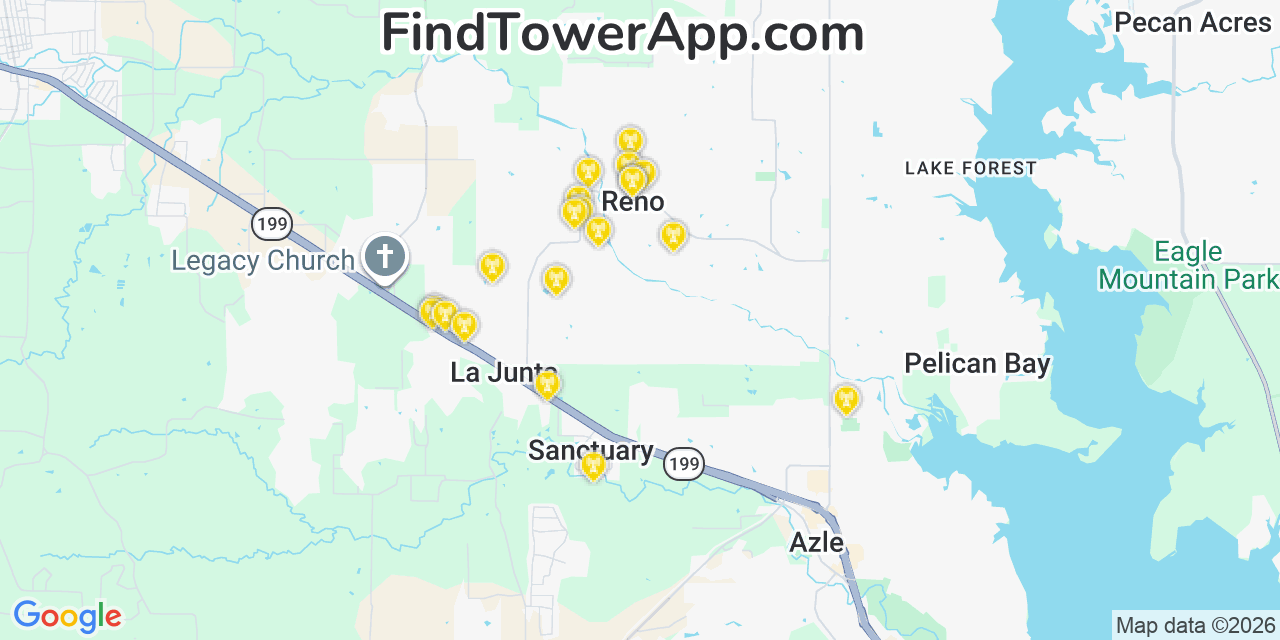 Map showing the 20 primary cell tower locations detected in Reno, Texas from AT&T, Verizon, and T-Mobile networks