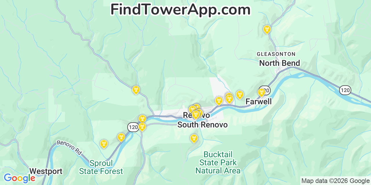 Map showing the 20 primary cell tower locations detected in Renovo, Pennsylvania from AT&T, Verizon, and T-Mobile networks