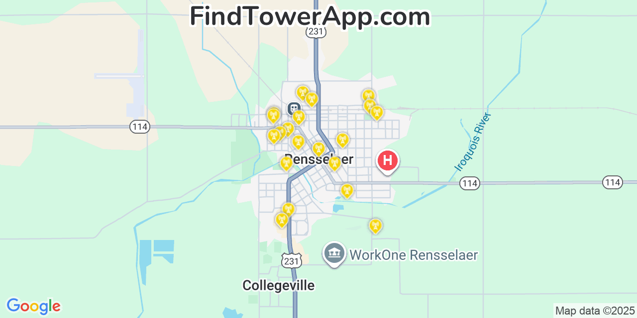 Map showing the 20 primary cell tower locations detected in Rensselaer, Indiana from AT&T, Verizon, and T-Mobile networks