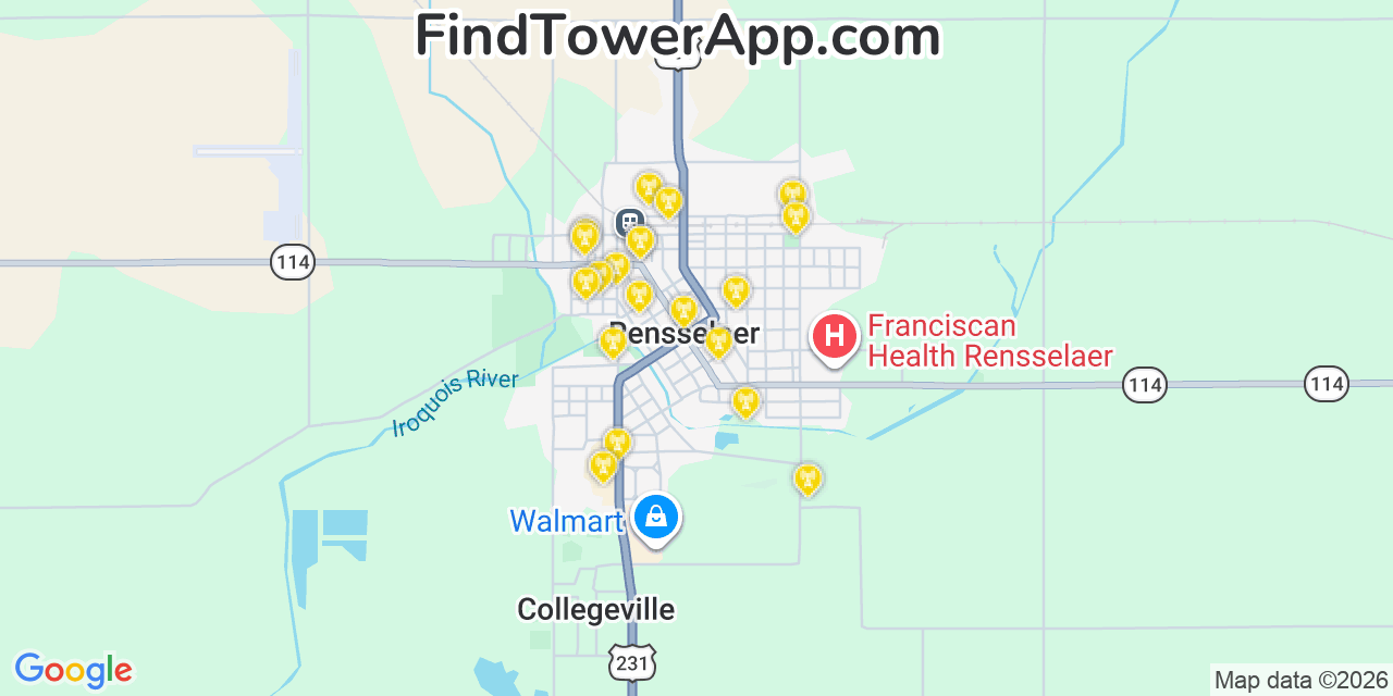 Map showing the 20 primary cell tower locations detected in Rensselaer, Indiana from AT&T, Verizon, and T-Mobile networks