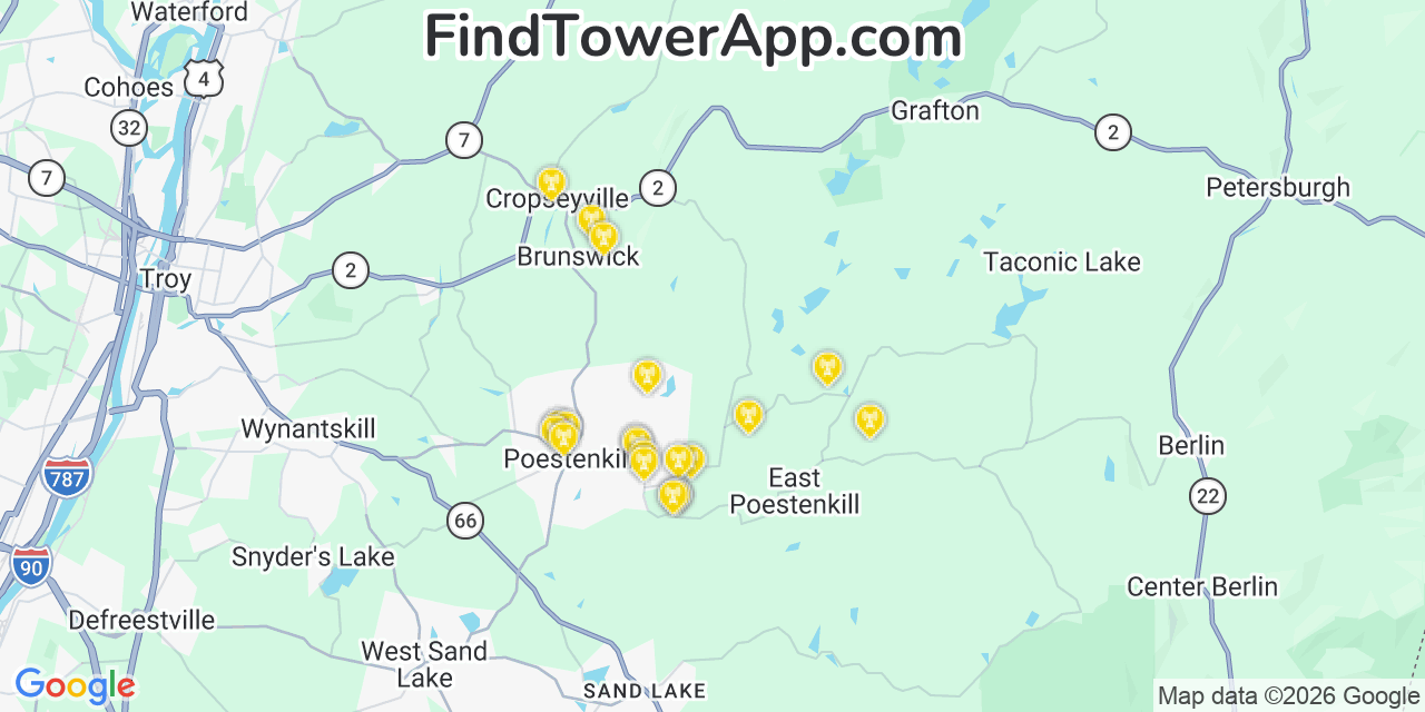 Map showing the 20 primary cell tower locations detected in Rensselaer, New York from AT&T, Verizon, and T-Mobile networks