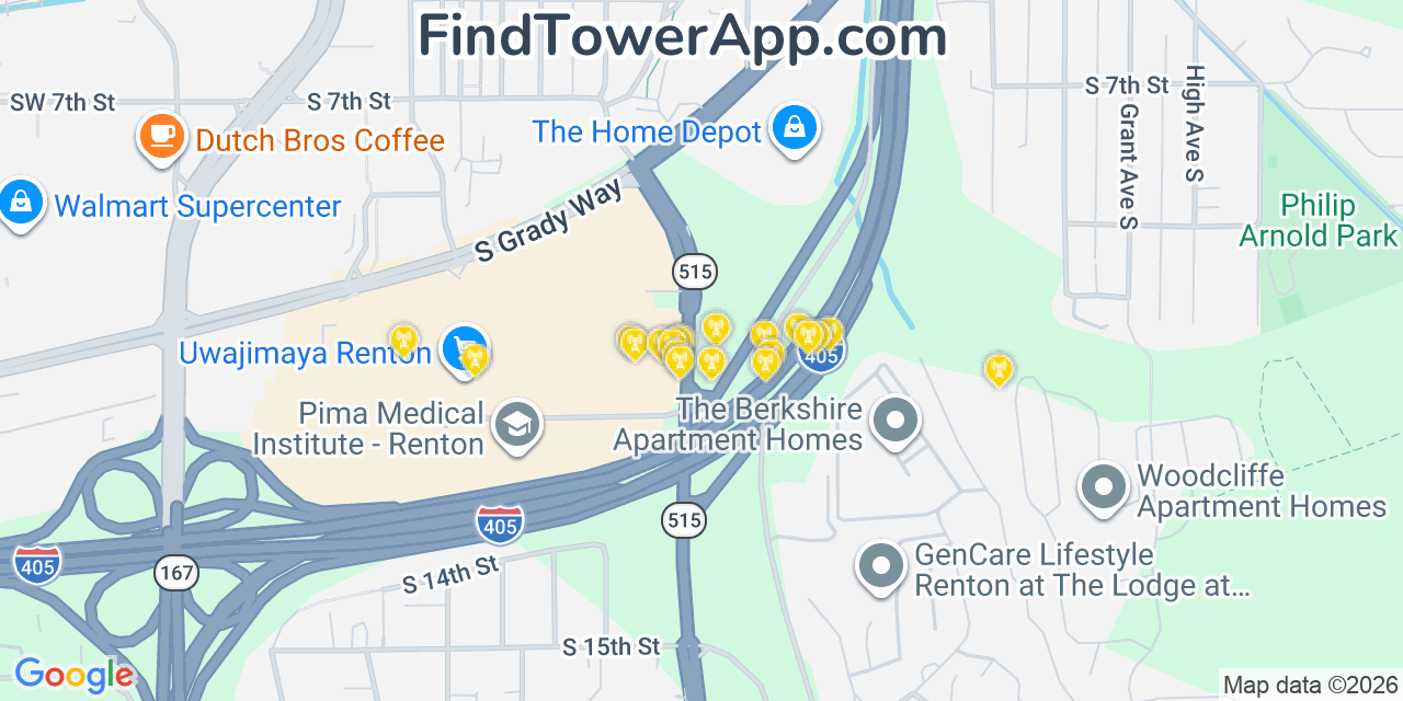 Map showing the 20 primary cell tower locations detected in Renton, Washington from AT&T, Verizon, and T-Mobile networks