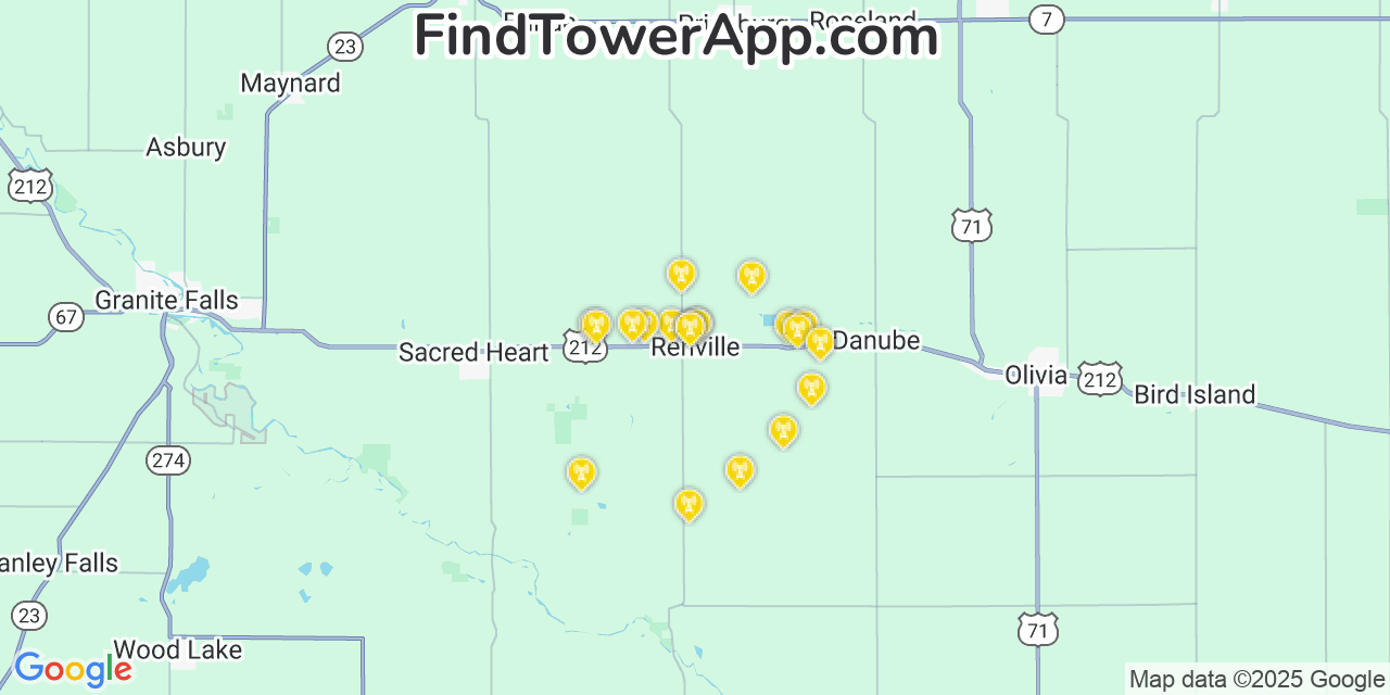 Map showing the 20 primary cell tower locations detected in Renville, Minnesota from AT&T, Verizon, and T-Mobile networks