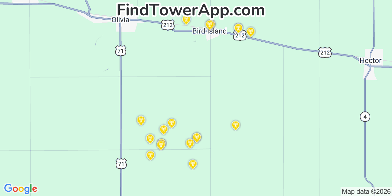 Map showing the 20 primary cell tower locations detected in Renville, Minnesota from AT&T, Verizon, and T-Mobile networks