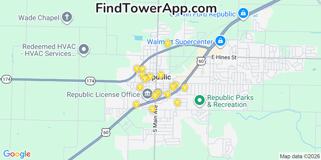 Map showing the 20 primary cell tower locations detected in Republic, Missouri from AT&T, Verizon, and T-Mobile networks