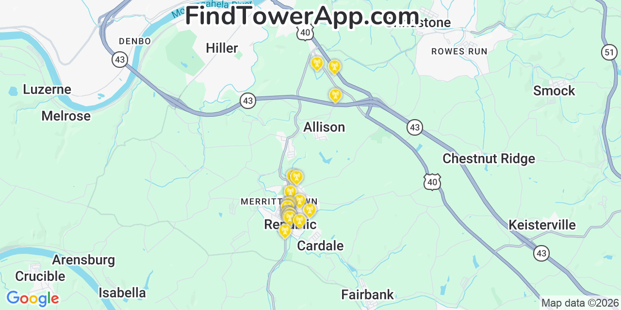 Map showing the 20 primary cell tower locations detected in Republic, Pennsylvania from AT&T, Verizon, and T-Mobile networks