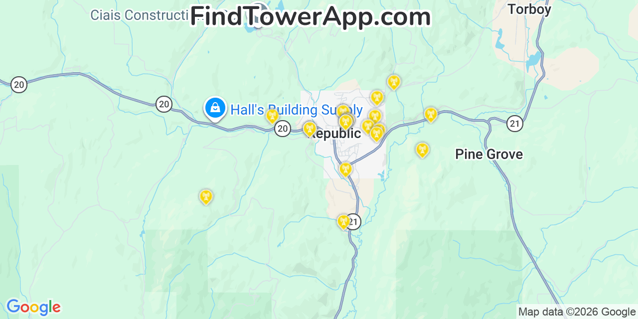 Map showing the 20 primary cell tower locations detected in Republic, Washington from AT&T, Verizon, and T-Mobile networks