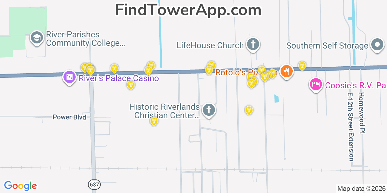 Map showing the 20 primary cell tower locations detected in Reserve, Louisiana from AT&T, Verizon, and T-Mobile networks