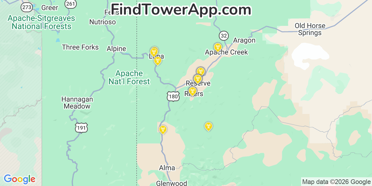 Map showing the 20 primary cell tower locations detected in Reserve, New Mexico from AT&T, Verizon, and T-Mobile networks