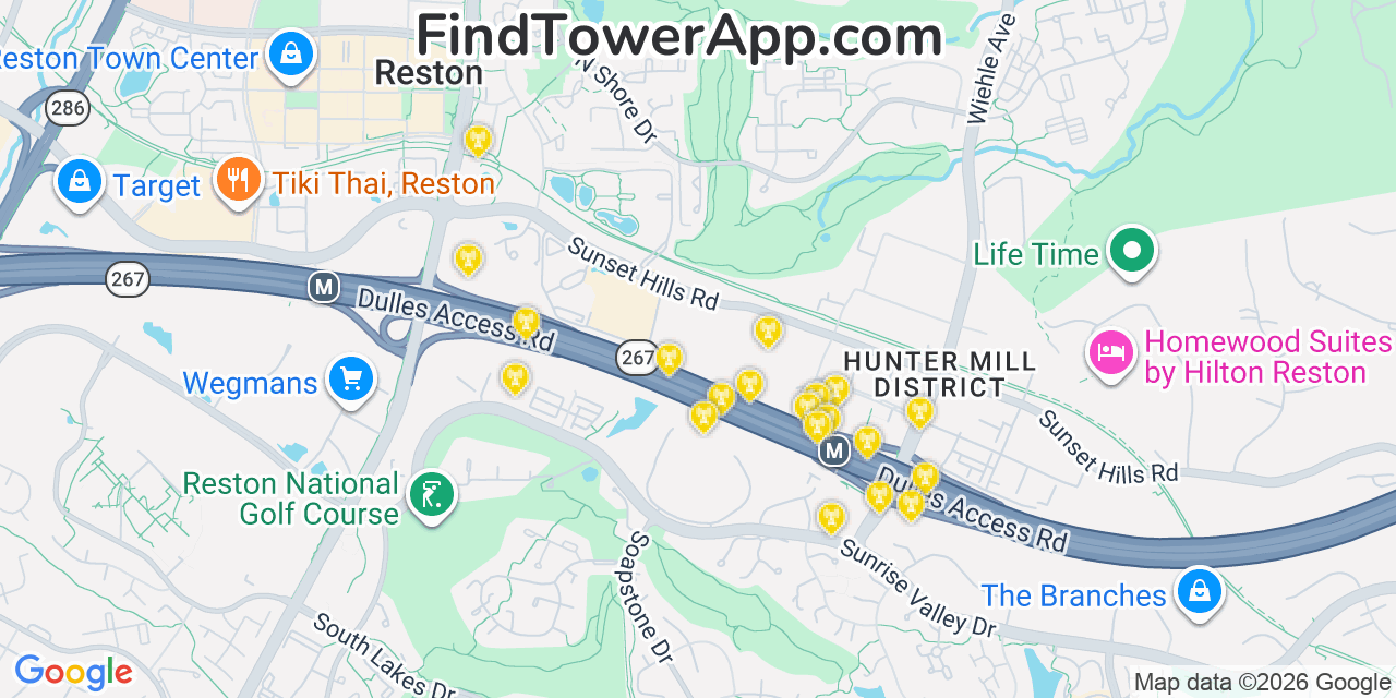 Map showing the 20 primary cell tower locations detected in Reston, Virginia from AT&T, Verizon, and T-Mobile networks