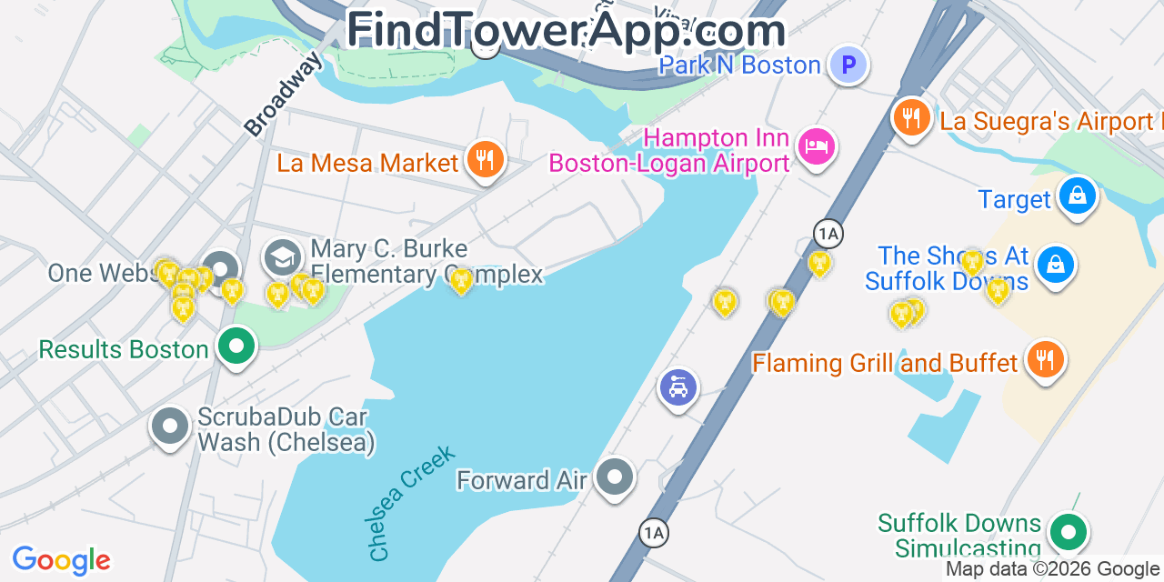 Map showing the 20 primary cell tower locations detected in Revere, Massachusetts from AT&T, Verizon, and T-Mobile networks