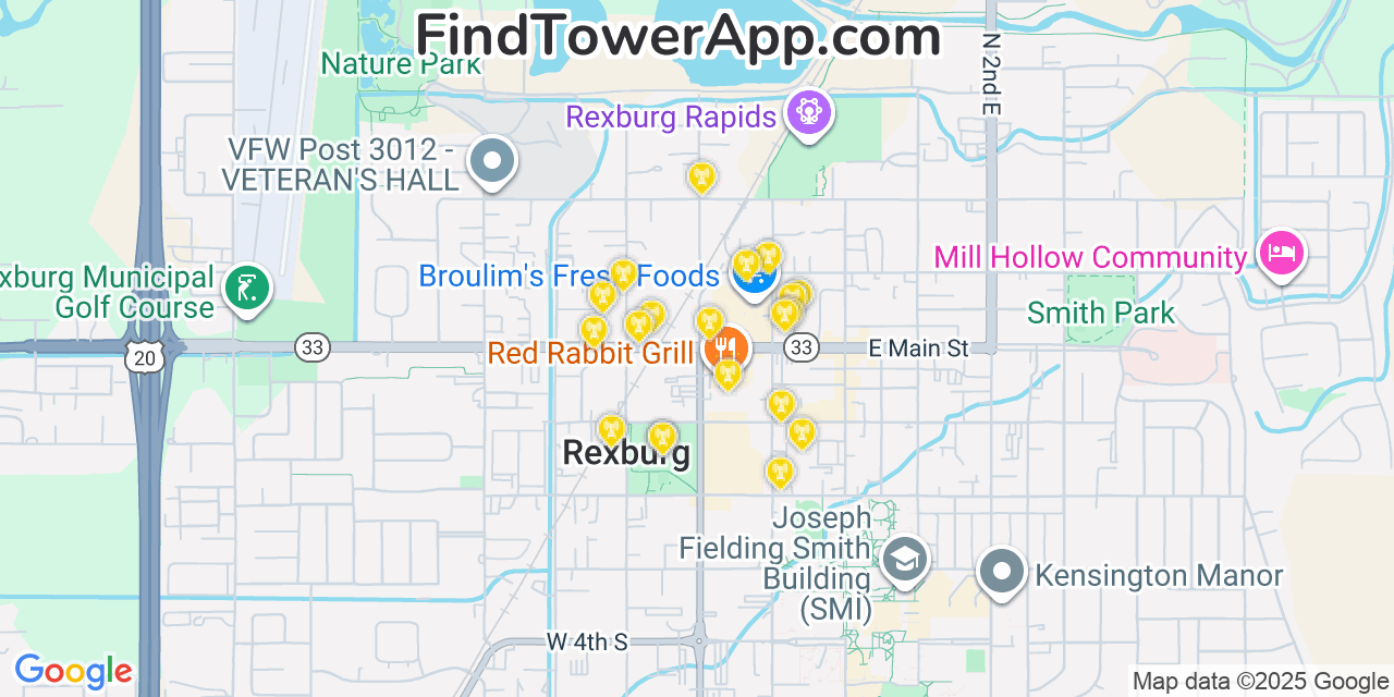 Map showing the 20 primary cell tower locations detected in Rexburg, Idaho from AT&T, Verizon, and T-Mobile networks