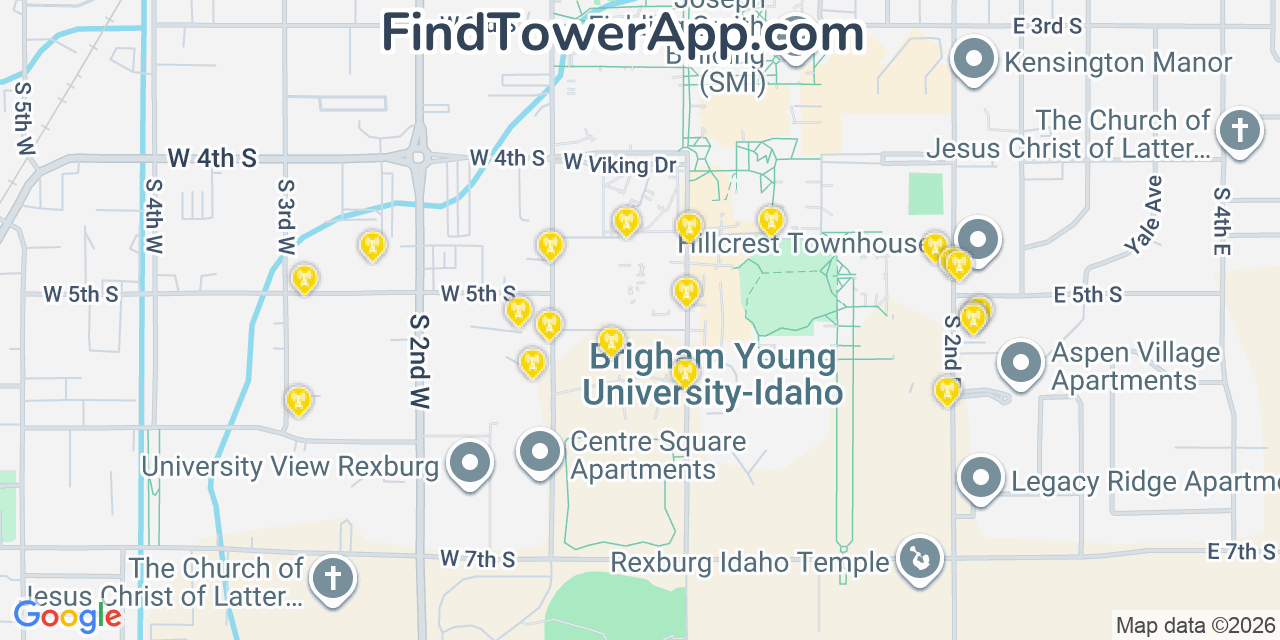 Map showing the 20 primary cell tower locations detected in Rexburg, Idaho from AT&T, Verizon, and T-Mobile networks