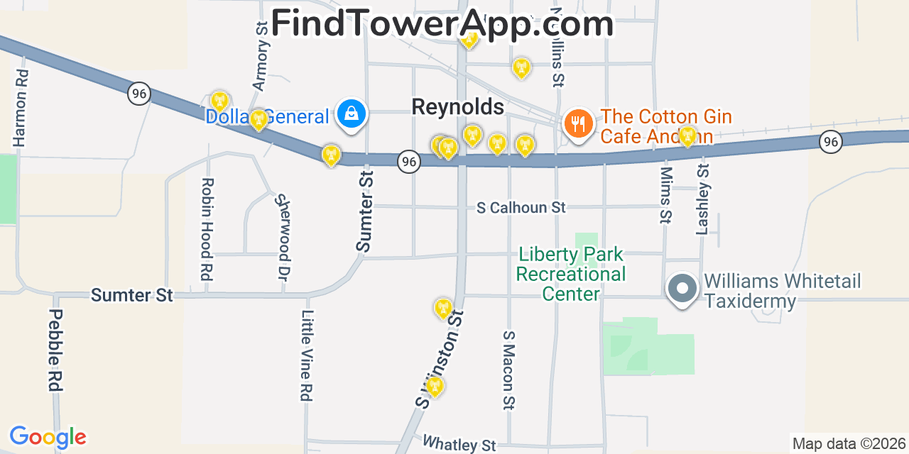 Map showing the 20 primary cell tower locations detected in Reynolds, Georgia from AT&T, Verizon, and T-Mobile networks