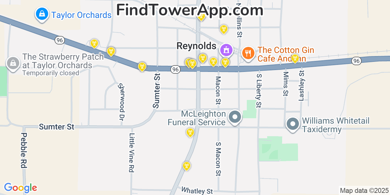 Map showing the 20 primary Mobitel cell tower locations detected in Reynolds, Georgia with coverage radius and signal strength indicators