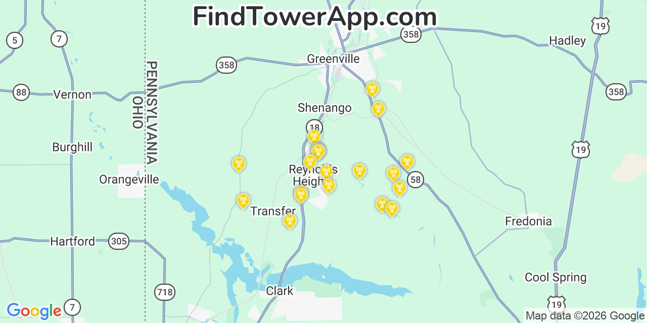 Map showing the 20 primary cell tower locations detected in Reynolds Heights, Pennsylvania from AT&T, Verizon, and T-Mobile networks