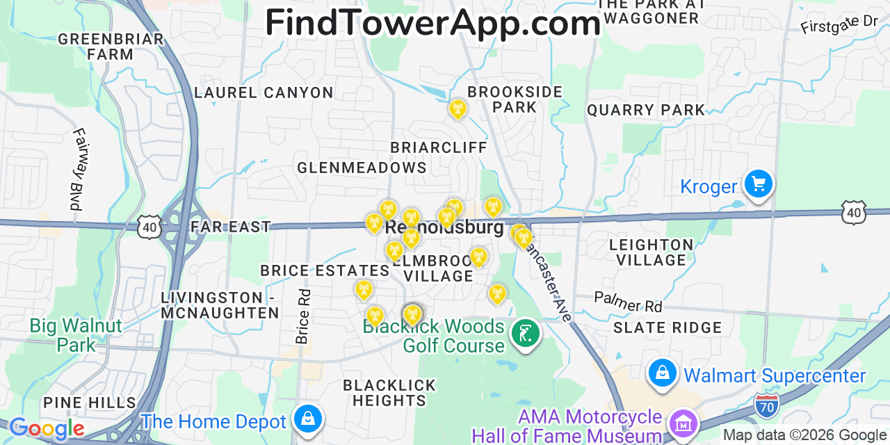 Map showing the 20 primary cell tower locations detected in Reynoldsburg, Ohio from AT&T, Verizon, and T-Mobile networks