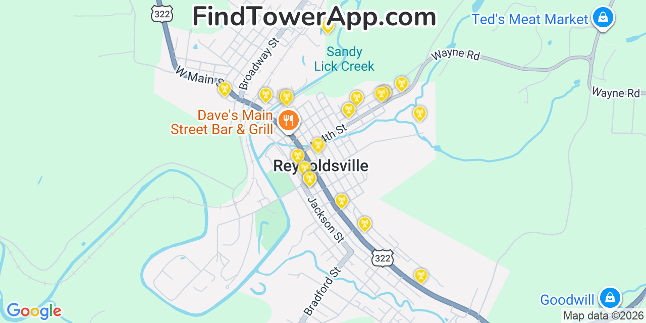 Map showing the 20 primary cell tower locations detected in Reynoldsville, Pennsylvania from AT&T, Verizon, and T-Mobile networks