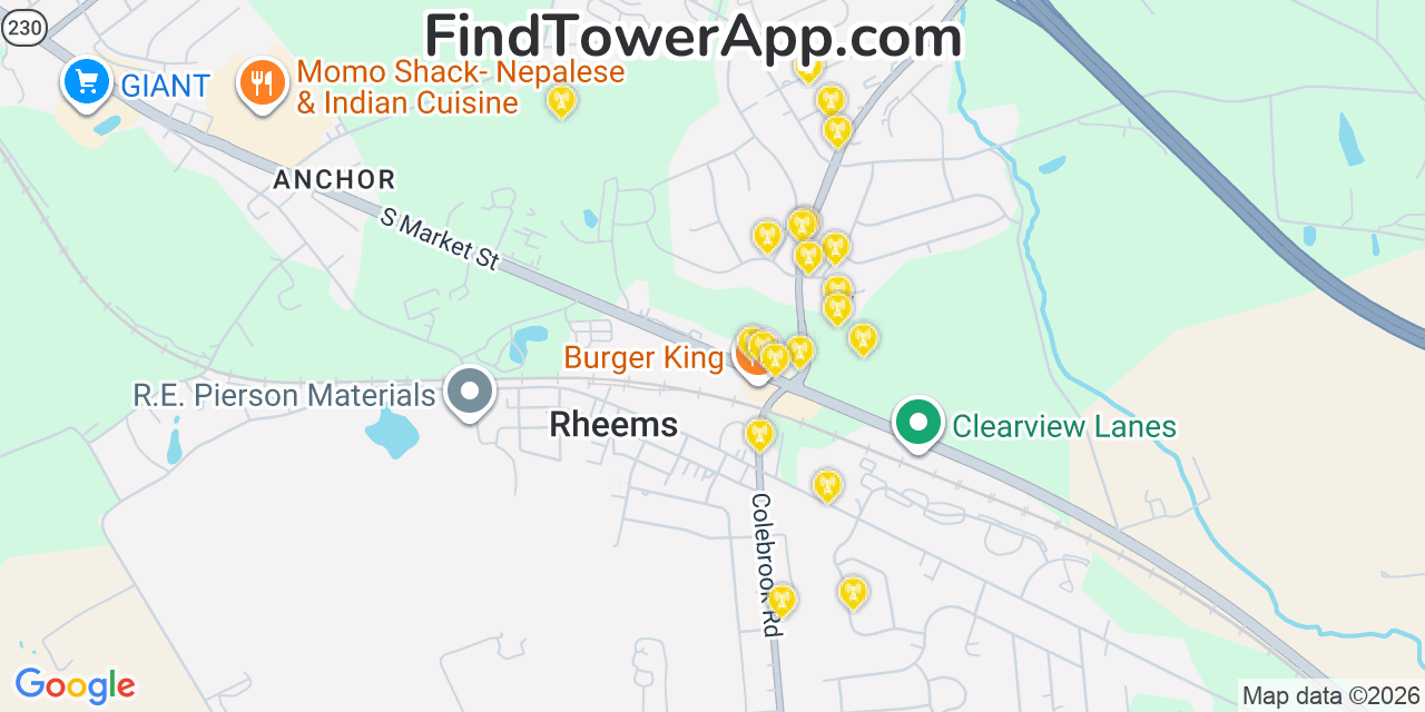 Map showing the 20 primary cell tower locations detected in Rheems, Pennsylvania from AT&T, Verizon, and T-Mobile networks