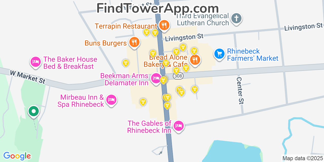 Map showing the 20 primary cell tower locations detected in Rhinebeck, New York from AT&T, Verizon, and T-Mobile networks
