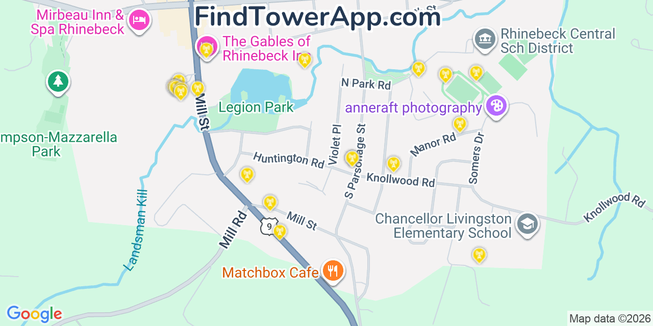 Map showing the 20 primary cell tower locations detected in Rhinebeck, New York from AT&T, Verizon, and T-Mobile networks