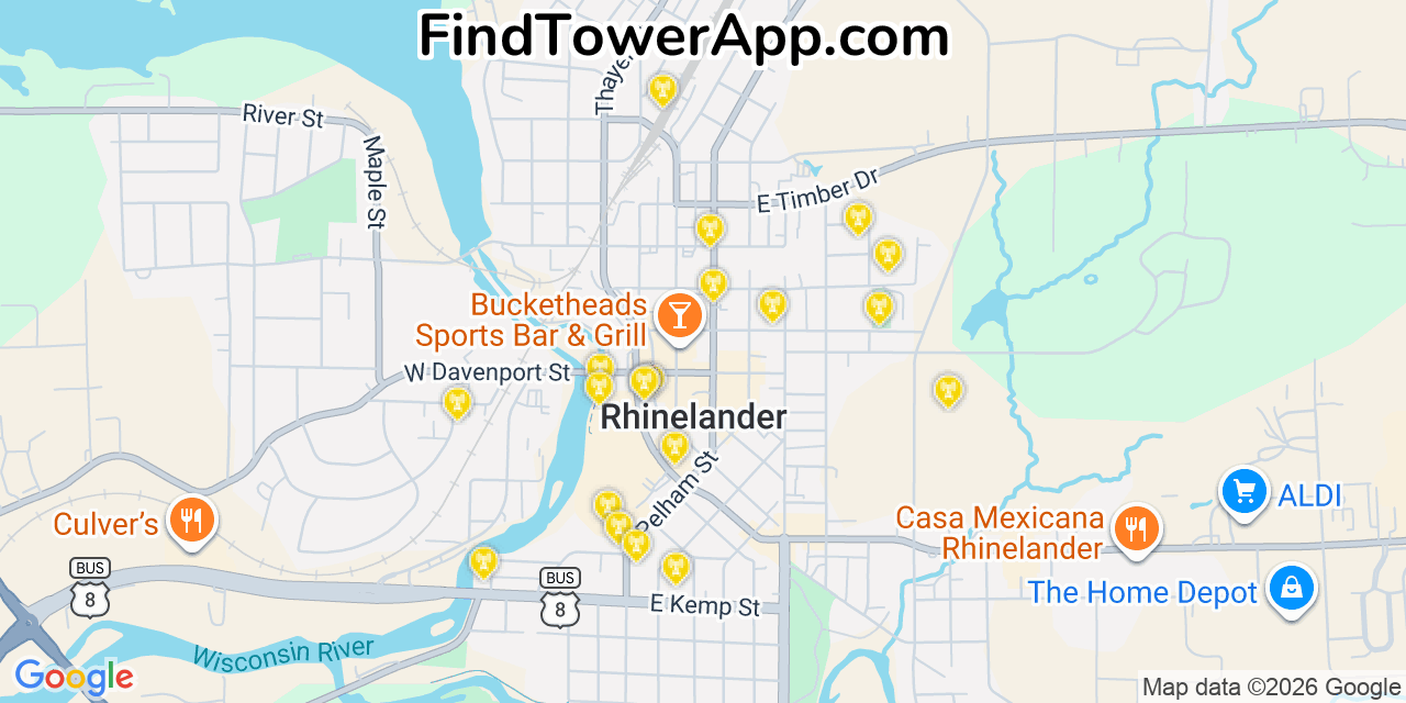 Map showing the 20 primary cell tower locations detected in Rhinelander, Wisconsin from AT&T, Verizon, and T-Mobile networks