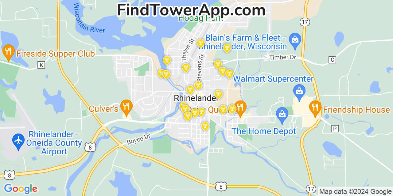 Verizon 4G/5G cell tower coverage map Rhinelander, Wisconsin