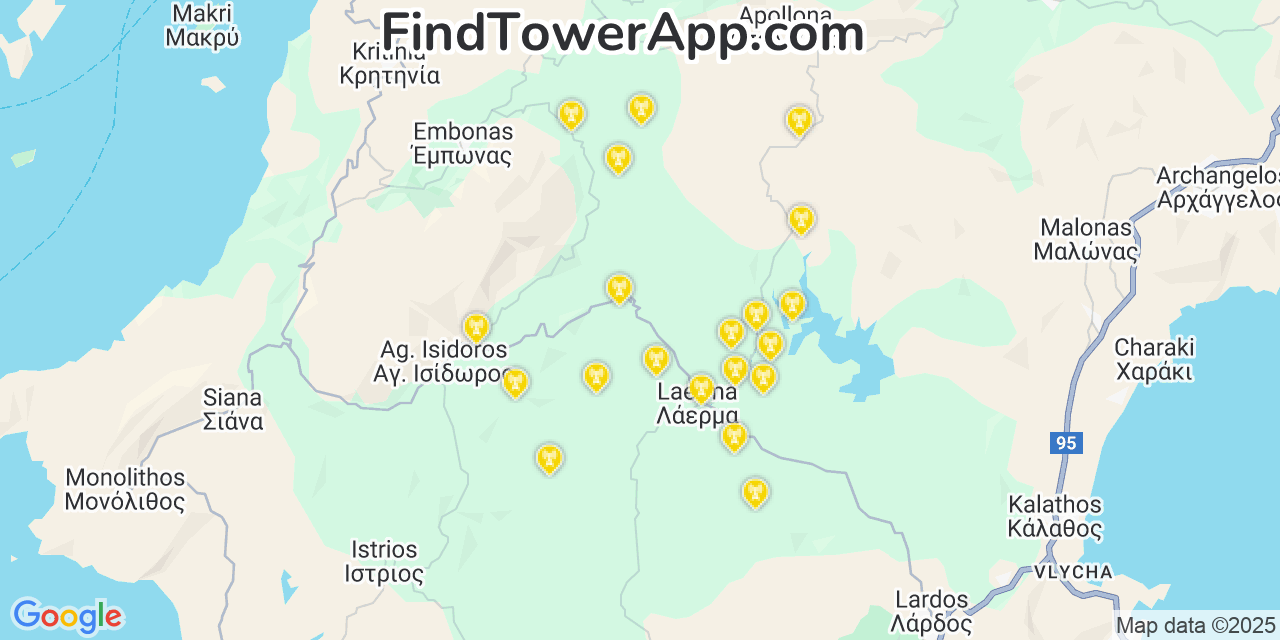 Map showing the 20 primary cell tower locations detected in Rhodes, Greece with coverage areas and signal strength